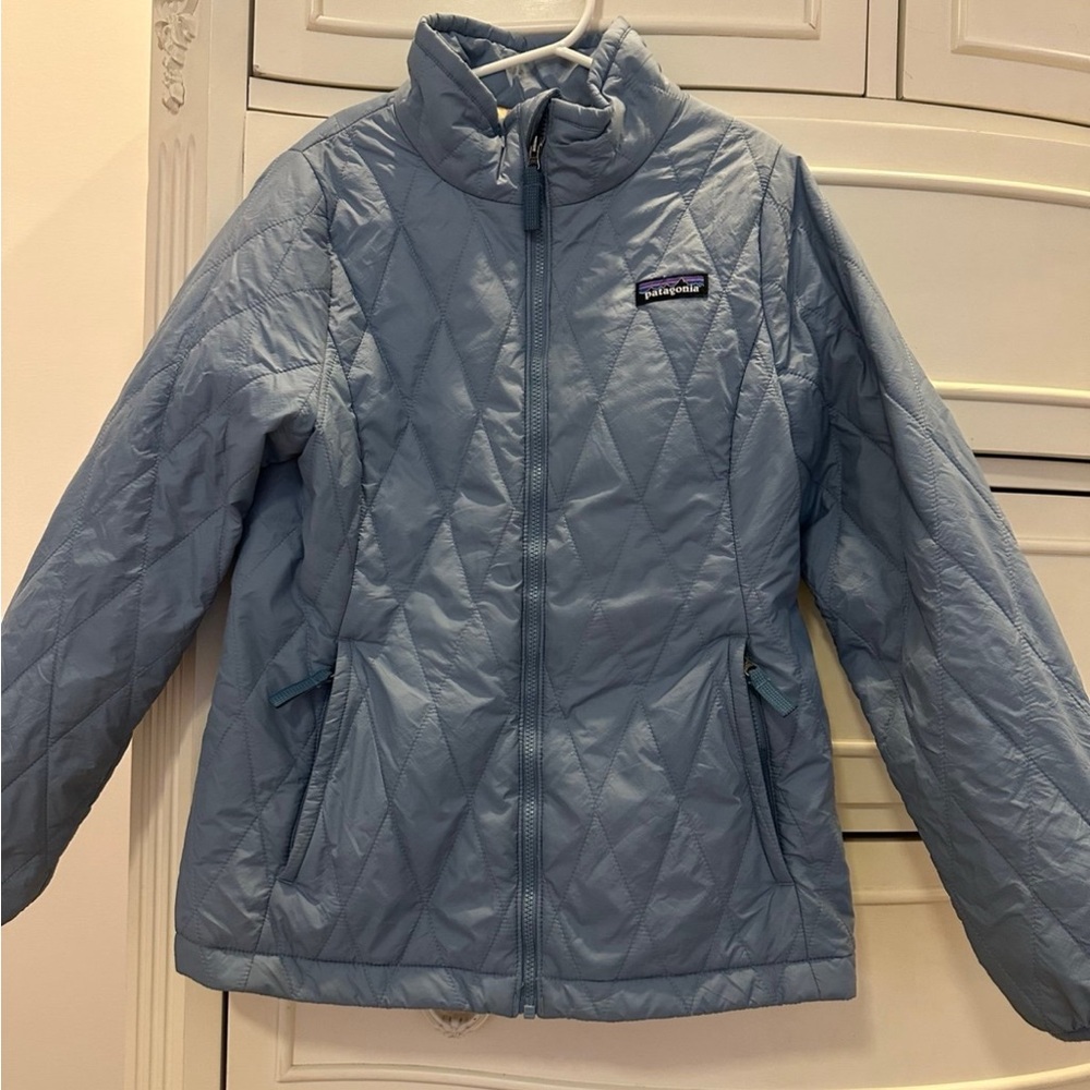 Patagonia Kids M (10) Light Blue Quilted Nano Puff Zip Up Down Coat Jacket